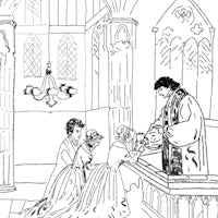 a black and white drawing of a man and woman in a church