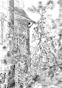 a black and white drawing of an old building