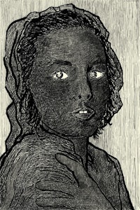 a black and white drawing of a woman