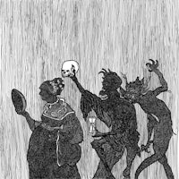 a black and white illustration of a woman holding a skull